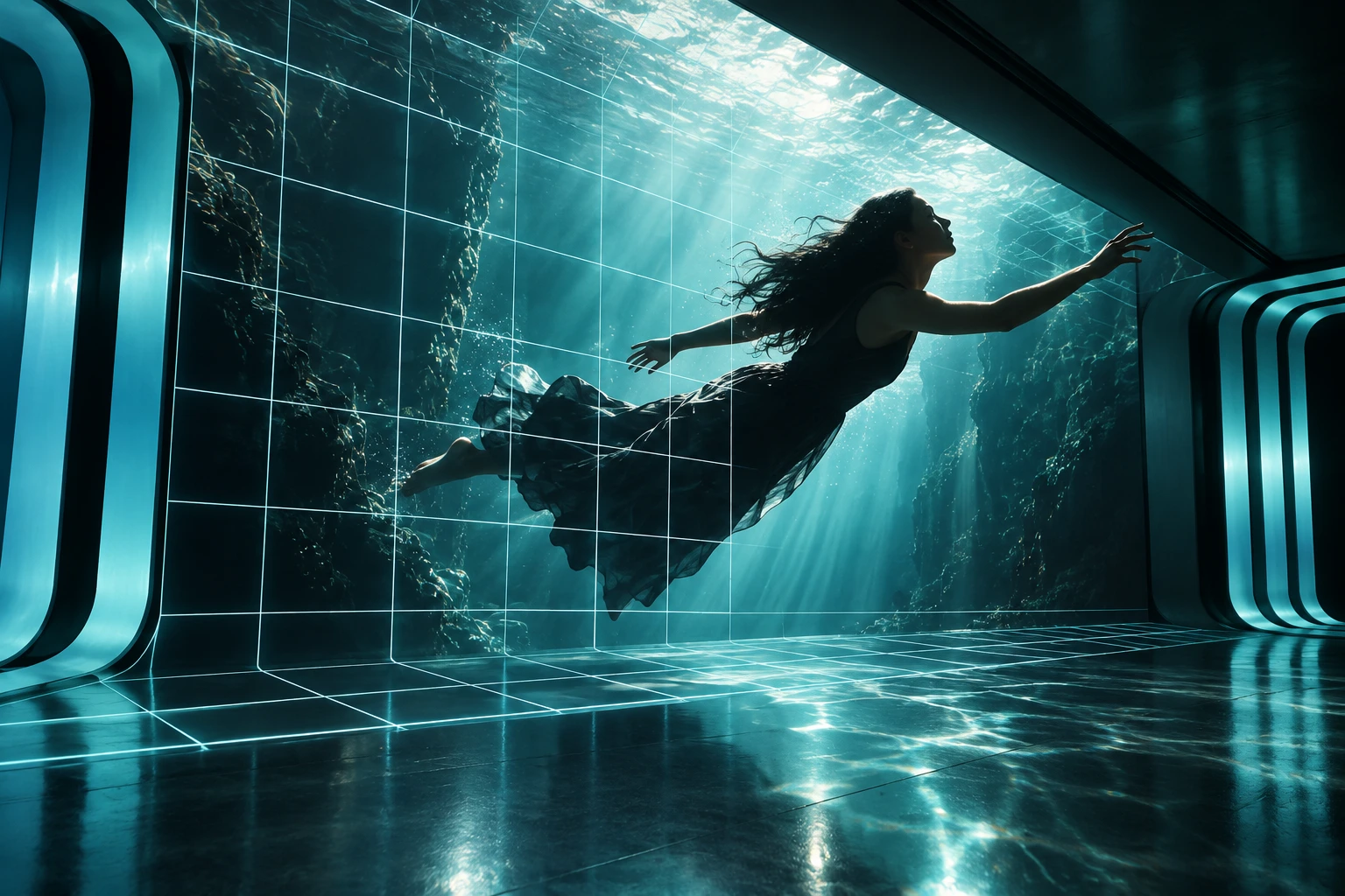 Side-view recreation: a backlit swimmer appears to cross the grid and emerge from the screen