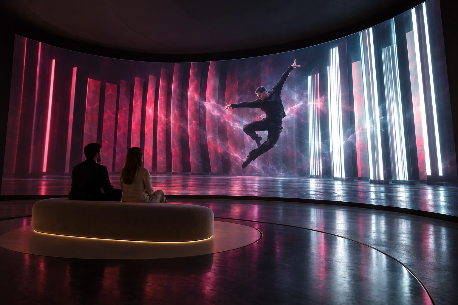 Two seated visitors face Orona’s enormous curved screen, with a dancer and moving light